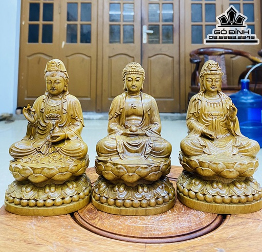 Tượng Tam Thế Phật Để Ô Tô Gỗ Bách Xanh Cao 15 Ngang 8.5 Sâu 8.5 (cm)