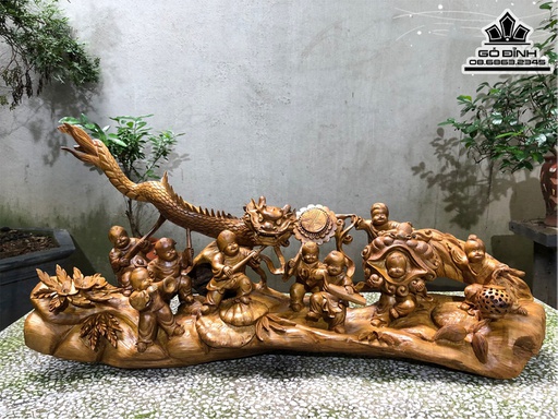 Tượng Cửu Phúc Gỗ Bách Xanh Cao 40 Ngang 86 Sâu 24 (cm)