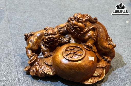 Tượng Song Nghê Trấn Bình Gỗ Nu Ngọc Am Cao 30 Ngang 58 Sâu 45 (cm)