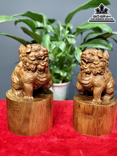 Tượng Song Nghê Gỗ Bách Xanh Cao 22 Ngang 12 Sâu 12 (cm)