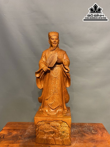 Tượng Khổng Minh Tiên Sinh Gỗ Hương Việt Nguyên Khối Cao 60 Ngang 19.5 Sâu 13.5 (cm)