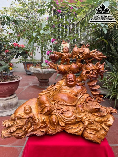 Tượng Phật Di Lặc Tam Phúc Gỗ Hương Cao 45 Ngang 60 Sâu 40 (cm)