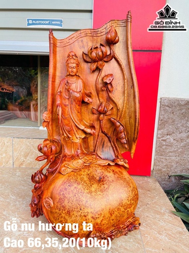 Tượng Phật Bà Quan Âm Gỗ Nu Hương Cao 66 Ngang 35 Sâu 20 (cm)