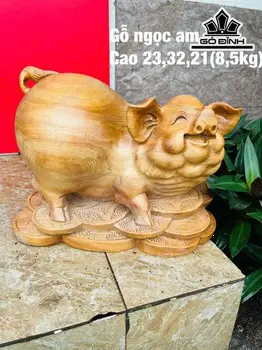 Tượng Heo Phong Thủy Gỗ Ngọc Am Cao 23 Ngang 32 Sâu 21 (cm)