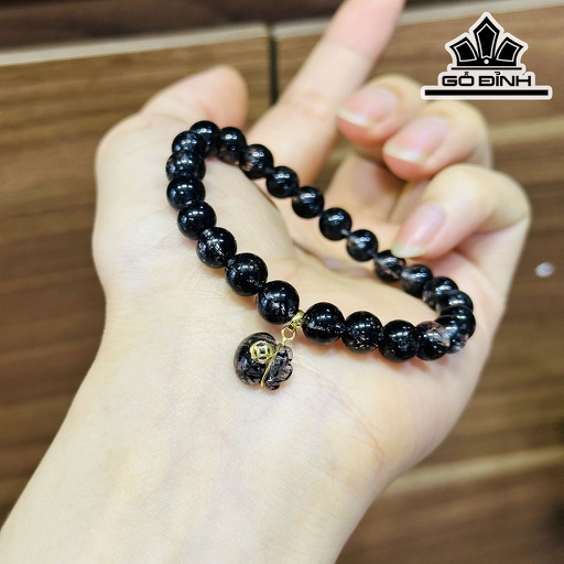 Vòng Tay Túi Tiền Đá Thạch Anh Tóc Đen Đường Kính Hạt 7,7 (mm)