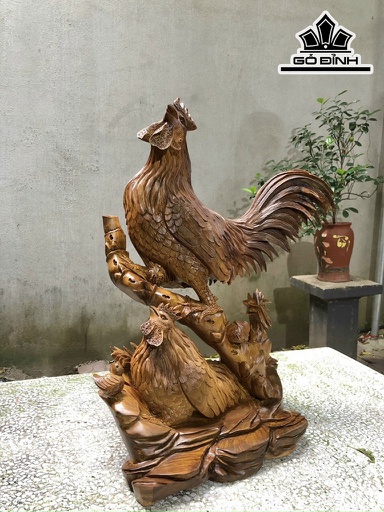 Tượng Gia Đình Gà Gỗ Bách Xanh Cao 62 Ngang 48 Sâu 35 (cm)