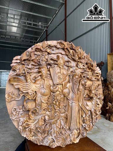 Tranh Phúc Lộc Thọ (Tam Đa) Gỗ Bách Xanh Đường Kính 90 (cm)