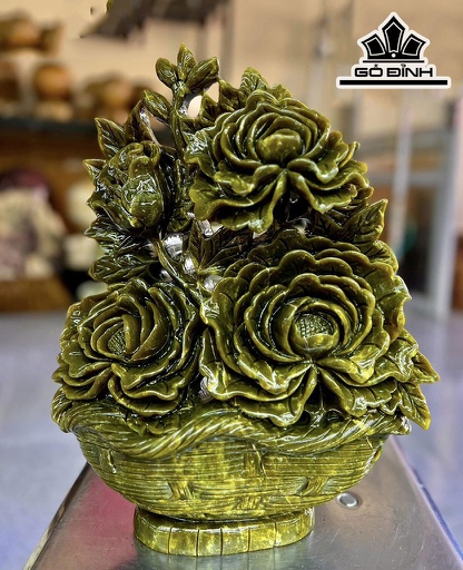 Tác Phẩm Giỏ Hoa Đá Serpentine Cao 37 Ngang 31 Sâu 10 (cm) 7,8kg