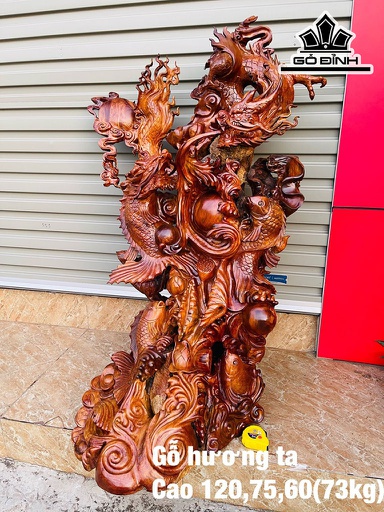 Tượng Ngũ Ngư Hóa Rồng Phong Thủy Gỗ Hương Cao 120 Ngang 75 Sâu 60 (cm)