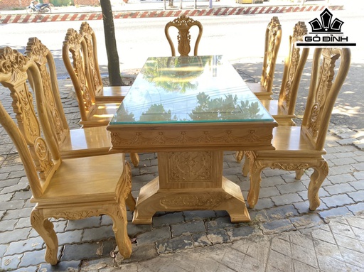 Bộ Bàn Ăn 8 Ghế Gỗ Bò Ma Cao 77 Ngang 95 Dài 210 (cm)