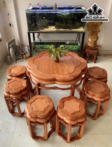 Bộ Đôn Hoa Mai Gỗ Hương Cao 72 Mặt Bàn Rộng 90 Ghế Cao 50 Mặt Ghế 33 (cm)