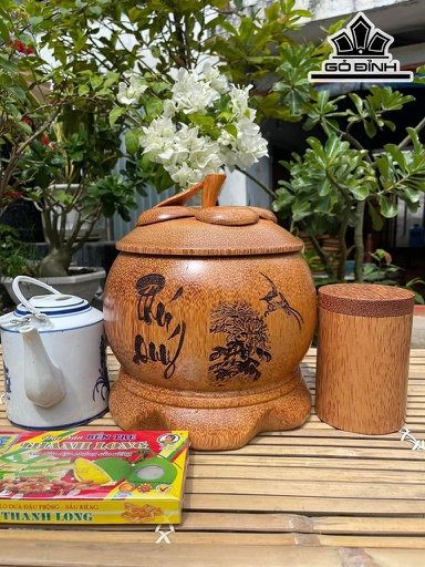 Vỏ Bình Giữ Nhiệt Nắp Măng Cụt Khắc Chữ Phú Quý Gỗ Dừa Loại 1 Lít