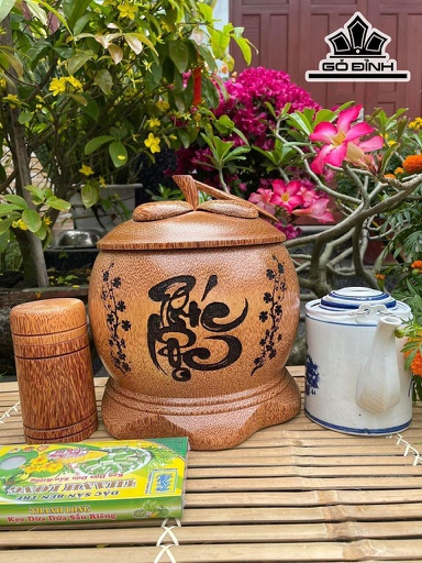Vỏ Bình Giữ Nhiệt Nắp Măng Cụt Khắc Chữ Phúc Lộc Gỗ Dừa Loại 1 Lít