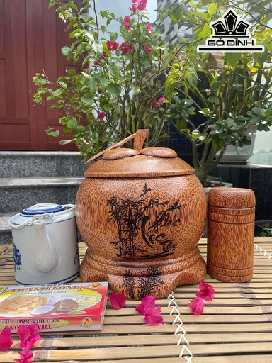 Vỏ Bình Giữ Nhiệt Nắp Măng Cụt Khắc Chữ Phúc Lộc Thọ Gỗ Dừa Loại 1,5 Lít