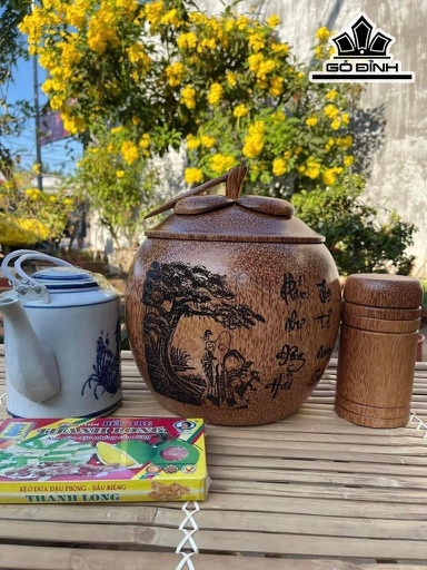 Vỏ Bình Giữ Nhiệt Nắp Măng Cụt Khắc Chữ Phúc Thọ Gỗ Dừa Loại 1 Lít