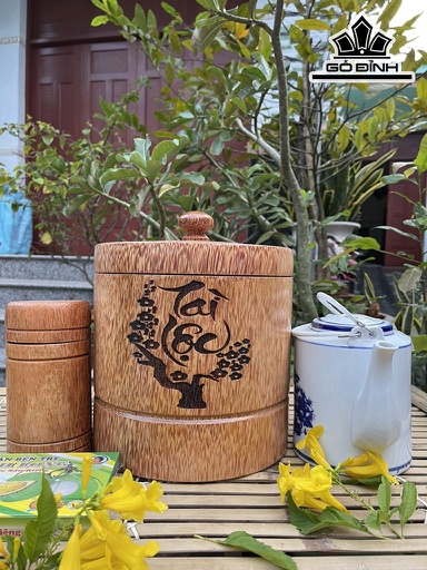 Vỏ Bình Giữ Nhiệt Nắp Nút Khắc Chữ Tài Lộc Gỗ Dừa Loại 0,8 Lít