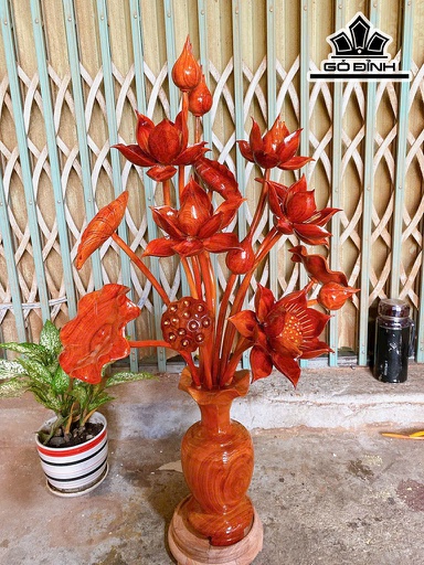 Bình Hoa Sen 15 Bông Gỗ Hương Cao 88 Ngang 52 Sâu 35 (cm)