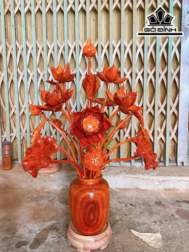 Bình Hoa Sen 17 Bông Gỗ Hương Cao 80 Ngang 56 Sâu 40 (cm)