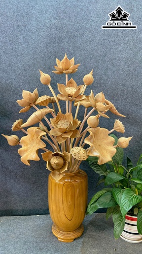 Bình Hoa Sen 23 Bông Gỗ Ngọc Am Cao 95 Ngang 60 Sâu 50 (cm)