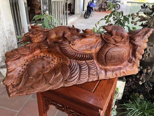 Tượng Gia Đình Chuột Gỗ Hương Cao 24 Ngang 72 Sâu 38 (cm)