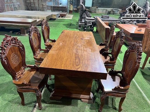 Bộ Bàn Ăn Gỗ Cẩm Bàn Dài 217 Rộng 86 Dày 10 (cm)