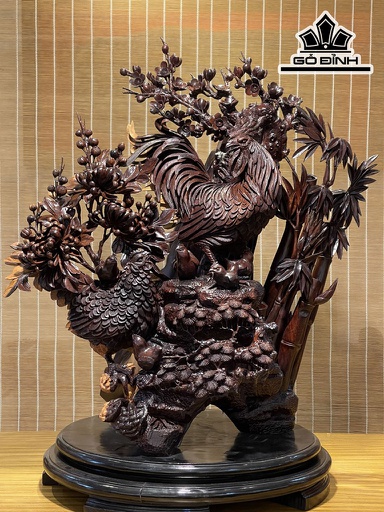 Tượng Gia Đình Gà Gỗ Trắc Cao 80 Ngang 79 Sâu 45 (cm)