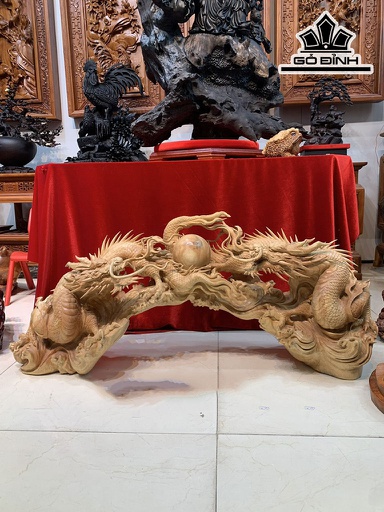 Tượng Song Long Gỗ Huỳnh Đàn Cao 42 Ngang 100 Sâu 25 (cm)