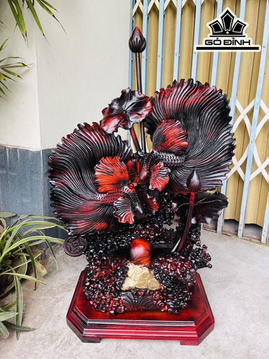 Tượng Cá Xiêm Đôi Gỗ Trắc Cao 84 Ngang 60 Sâu 32 (cm)