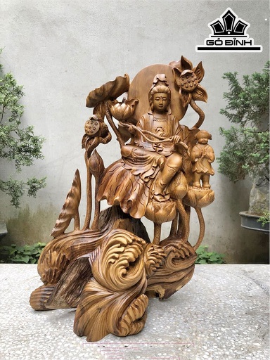 Tượng Phật Quán Thế Âm Bồ Tát Gỗ Bách Xanh Cao 67 Ngang 46 Sâu 30 (cm)