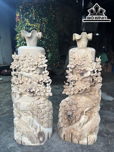 Cặp Lục Bình Chim Công Hoa Mai Gỗ Ngọc Am Cao 94 Ngang 35 Sâu 31 (cm)
