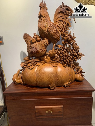 Tượng Gia Đình Gà Gỗ Nu Hương Cao 99 Ngang 100 Sâu 40 (cm)