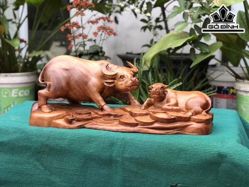 Tượng Trâu Mẫu Tử Gỗ Hương Cao 24 Ngang 63 Sâu 24 (cm)