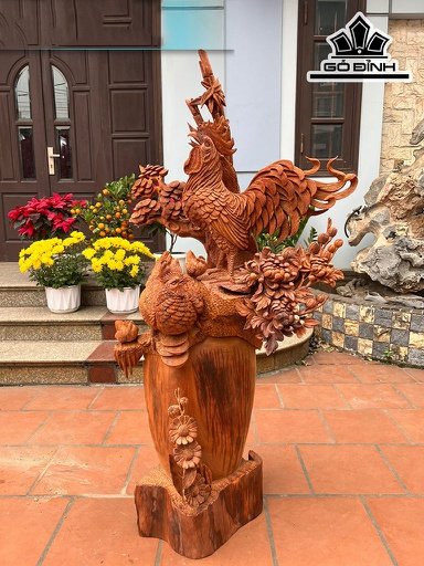 Tượng Gia Đình Gà Gỗ Hương Cao 134 Ngang 70 Sâu 43 (cm)