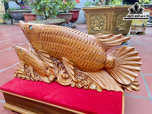 Tượng Cá Kim Long Mẫu Tử Gỗ Ngọc Am Cao 28 Ngang 62 Sâu 19 (cm)