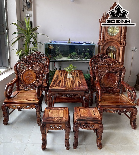 Bộ Bàn Gỗ Cẩm Bàn Cao 65 Dài 130 Rộng 65 (cm) Ghế Cao 108 Rộng 63 Sâu 50 (cm) Ghế Đôn Cao 42 Mặt 35 (cm)