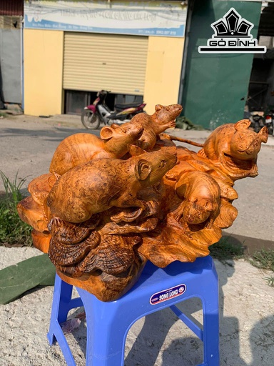 Tượng Gia Đình Chuột Gỗ Nu Hương Cao 24 Ngang 41 Sâu 25 (cm)