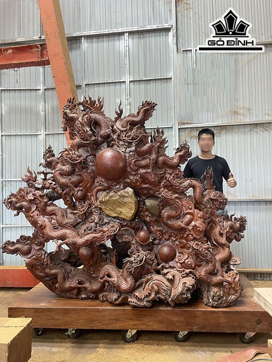 Tượng Cửu Long Tranh Châu Gỗ Hương Cao 240 Rộng 250 Sâu 100 (cm) Tấm Đế Gỗ Lim 240x18x100 (cm)