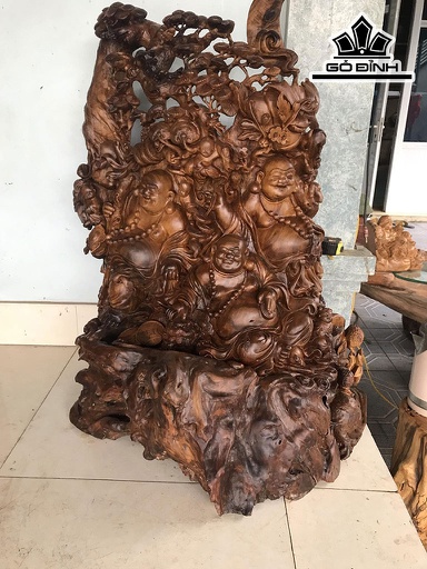 Tượng Tam Hỷ Lâm Môn Gỗ Bách Xanh Cao 100 Ngang 70 Sâu 60 (cm)