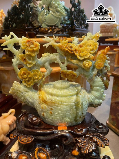 Bình Ấm Trà Hoa Tài Lộc Đá Serpentine Cao 26 Ngang 25 Sâu 10 (cm)