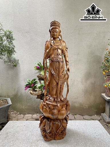 Tượng Trì Liên Quán Âm Gỗ Bách Xanh Cao 120 Ngang 36 Sâu 30 (cm)