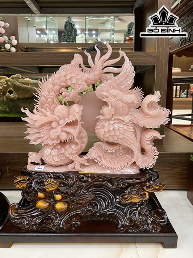 Tác Phẩm Long Phụng Sum Vầy Đá Onyx Hồng Cao 46 Ngang 36 Sâu 7 (cm) Riêng Đá Cao 32 (cm)
