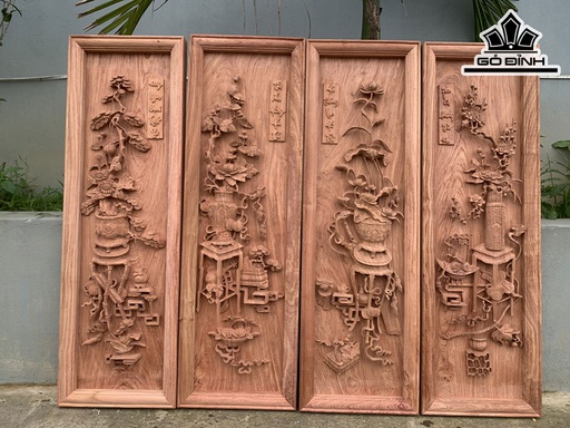 Tranh Bộ Tứ Bình Cổ Gỗ Hương Kích Thước 37x117x5 (cm)