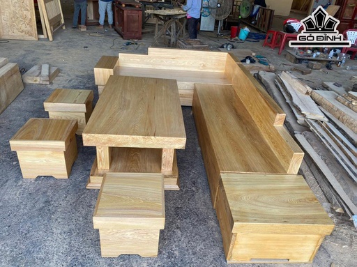 Bộ Sofa Gỗ Pơ Mu Băng Dài 58x250x10 Băng Ngắn 58x180x10 Bàn 70x127x10 Đôn 38x38 (cm)