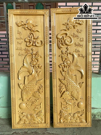 Cặp Tranh Lý Ngư Vọng Nguyệt Gỗ Pơ Mu Cao 120 Ngang 40 Dày 3 (cm)