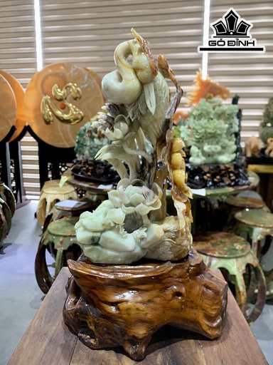 Tác Phẩm Tiên Hạc Hoa Sen Đá Serpentine Cao 37 Ngang 22 Sâu 12 (cm)