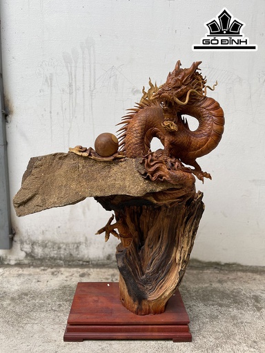 Tượng Rồng ( Nhất Long) Ôm Đá Gỗ Hương Cao 101 Ngang 80 Sâu 36 (cm)