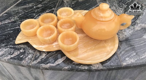 Bộ Ấm Chén Đá Onyx Vàng Ấm Cao 10 Ngang 16 Sâu 9 Chén Cao 5 Ngang 3,3 (cm)