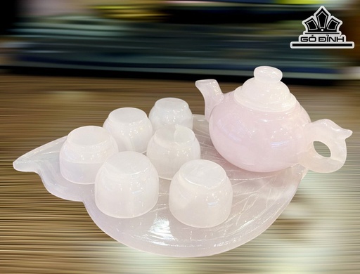 Bộ Ấm Chén Đá Onyx Hồng Khay Hình Lá