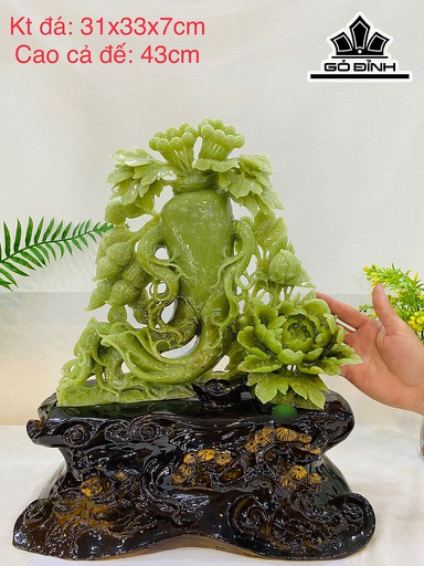 Tác Phẩm Củ Sâm Trường Thọ Hoa Mẫu Đơn Đá Serpentine Cao 43 Ngang 33 Sâu 7 Riêng đá Cao 31 (cm)