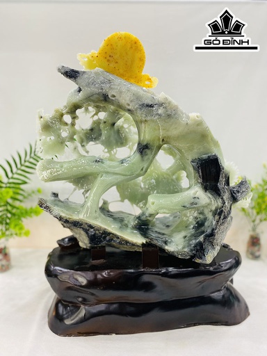 Tác Phẩm Tùng Hạc Đá Serpentine Cao 59 Ngang 43,5 Sâu 16 Riêng Đá Cao 46 (cm)